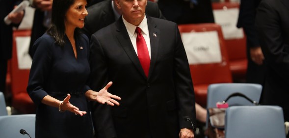 U.S. Vice President Mike Pence stands with then-Ambassador to the United Nations Nikki Haley on September 20, 2017