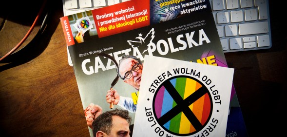 The conservative Polish Gazeta Polska magazine is including 'LGBT-free zone' stickers inside its weekly edition amid rising tensions between LGBT activists and a conservative Christian movement supported by the country's right-wing ruling party.