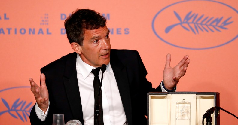Antonio Banderas gesticulating during a press conference