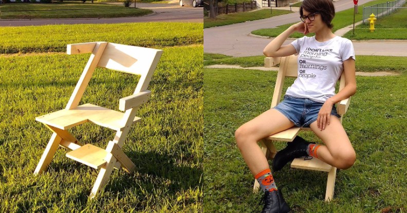 Israel Walker's nonbinary bisexual daughter models the "bi-chair" (Facebook/Israel Walker)