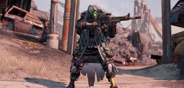 Borderlands 3 character FL4k, a heavily armoured robot, holds a gun
