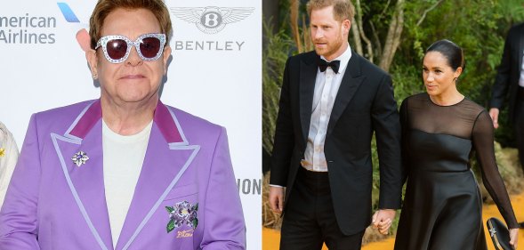 Elton John in sunglasses/ Prince Harry holding Meghan Markle's hand