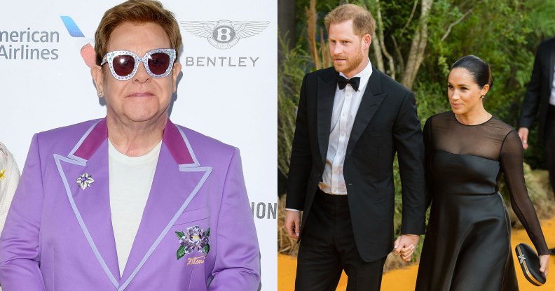 Elton John in sunglasses/ Prince Harry holding Meghan Markle's hand