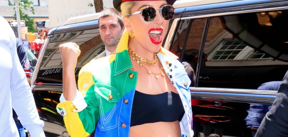 Lady Gaga in a rainbow jacket