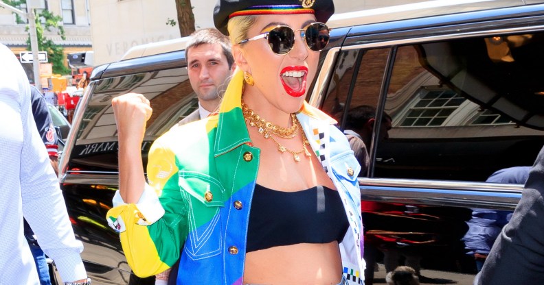 Lady Gaga in a rainbow jacket