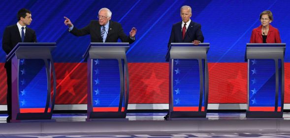 Mayor of South Bend, Indiana, Pete Buttigieg, Vermont Senator Bernie Sanders, former Vice President Joe Biden and Massachusetts Senator Elizabeth Warren during the third Democratic primary debate