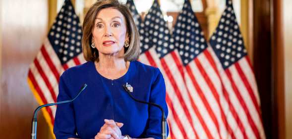 Nancy Pelosi delivers a speech concerning a formal impeachment inquiry into President Donald Trump. (Melina Mara/The Washington Post via Getty Images)
