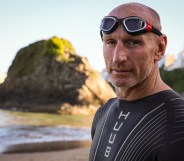 Gareth Thomas prepares to have a final swim ahead of IRONMAN Wales. (Huw Fairclough/Getty Images)