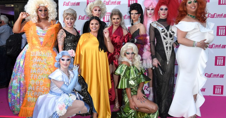 (L-R) Vinegar Strokes, Baga Chipz, The Vivienne, Cheryl Hole, Gothy Kendoll, Scaredy Kat, Divina De Campo, Sum Ting Wong, Blu Hydrangea, Scarlett Moffatt and Crystal at the RuPaul's Drag Race UK launch. (Karwai Tang/WireImage)