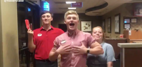 Blake Foster and two colleagues lip-synced to a Hannah Montana song in Chick-fil-A shop (TikTok)
