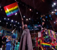 Bisexual opera singer Jamie Barton, waving a Pride flag during her rendition of 'Rule Brittania' (Screenshot/BBC)