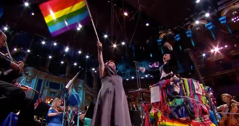Bisexual opera singer Jamie Barton, waving a Pride flag during her rendition of 'Rule Brittania' (Screenshot/BBC)