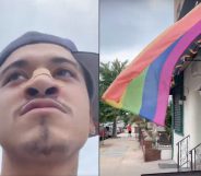 A man video himself spitting at an LGBT+ Pride flag in New York City. (Screen captures via YouTube)