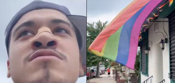 A man video himself spitting at an LGBT+ Pride flag in New York City. (Screen captures via YouTube)
