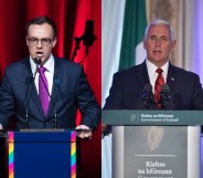 Chasten Buttigieg (left) talking at the DNC LGBTQ Gala in New York City and Mike Pence at a press conference in Ireland (Drew AngererPool/Getty Images)