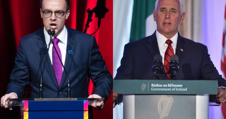 Chasten Buttigieg (left) talking at the DNC LGBTQ Gala in New York City and Mike Pence at a press conference in Ireland (Drew AngererPool/Getty Images)