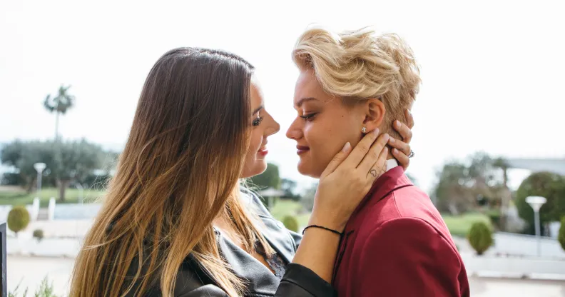 Lesbian couple about to kiss