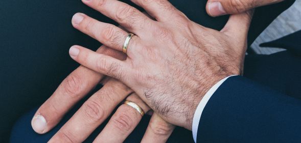 Two male hands touching, both wearing wedding rings