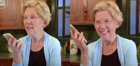 US presidential candidate Elizabeth Warren calling up a gay man to say thanks for donating what he could to her campaign. (Twitter/@ewarren)