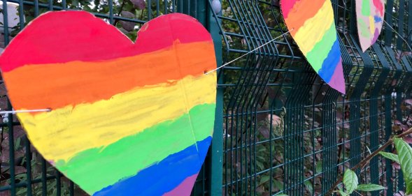 Primary school pupils put up a colourful display of Pride flags and hearts after their headteacher was the victim of a homophobic hate crime. (Twitter)