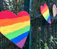 Primary school pupils put up a colourful display of Pride flags and hearts after their headteacher was the victim of a homophobic hate crime. (Twitter)