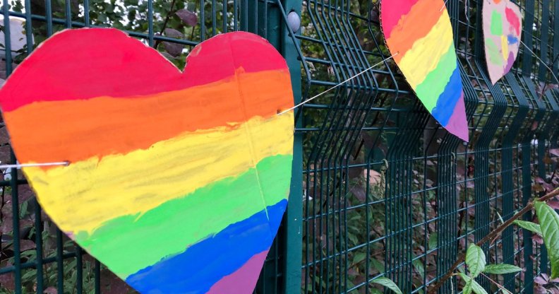 Primary school pupils put up a colourful display of Pride flags and hearts after their headteacher was the victim of a homophobic hate crime. (Twitter)