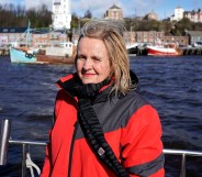 Catherine Blaiklock, leader of the Brexit Party, watches the Fishing For Leave flotilla on March 15, 2019
