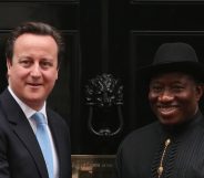 Former Nigerian president Goodluck Jonathan (R) is welcomed to Downing Street by then British prime minister David Cameron in 2013. (Oli Scarff/Getty Images)