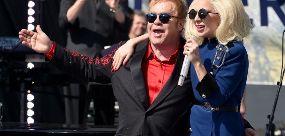 Elton John and Lady Gaga perform live on the Sunset Strip, on February 27, 2016