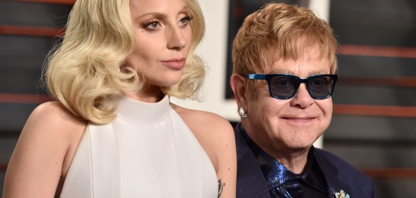 Lady Gaga and Elton John attend the 2016 Vanity Fair Oscar Party Hosted By Graydon Carter at the Wallis Annenberg Center for the Performing Arts on February 28, 2016 in Beverly Hills, California.