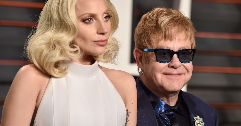 Lady Gaga and Elton John attend the 2016 Vanity Fair Oscar Party Hosted By Graydon Carter at the Wallis Annenberg Center for the Performing Arts on February 28, 2016 in Beverly Hills, California.