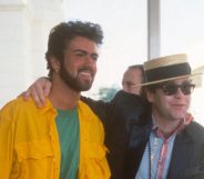 George Michael (L) and Elton John at Live Aid on July 13, 1985 in London, United Kingdom. (FG/Bauer-Griffin/Getty Images) 170612F1