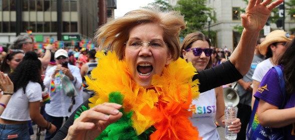 Elizabeth Warren in rainbow feather boa