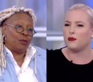 Whoopi Goldberg (L) was forced to diffuse co-host Meghan McCain on an episode of The View. (Screen captures via Twitter)
