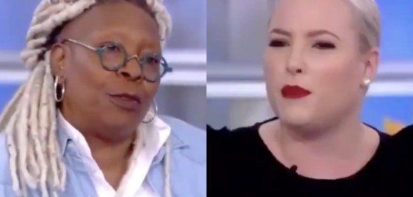 Whoopi Goldberg (L) was forced to diffuse co-host Meghan McCain on an episode of The View. (Screen captures via Twitter)