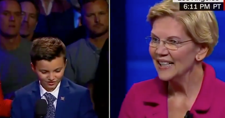 Elizabeth Warren responded to a nine-year-old trans boy's question at the CNN Equality Town Hall meeting. (Screen capture via CNN)