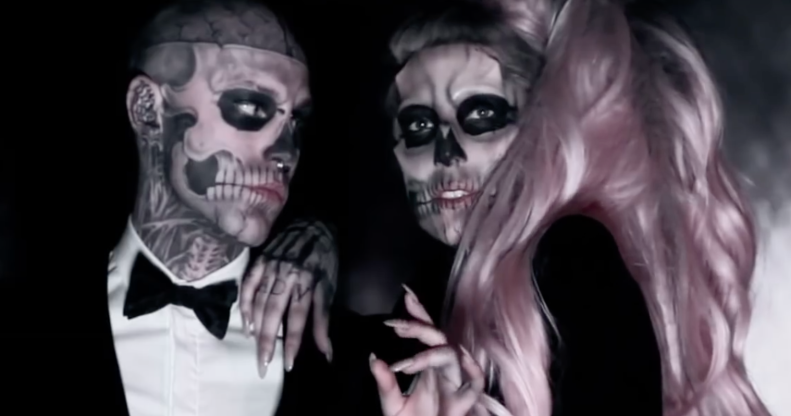 Rick Genest (L), better known as 'Zombie Boy', and Lady Gaga in her 'Born This Way' music video in 2011. (Screen capture via YouTube)