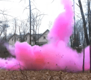 Plumes of pink smoke spread across a field in a promotional video of the Tannerite gender reveal boom box kit. (Screen capture via YouTube)