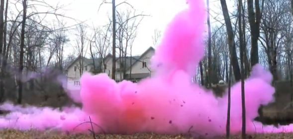 Plumes of pink smoke spread across a field in a promotional video of the Tannerite gender reveal boom box kit. (Screen capture via YouTube)