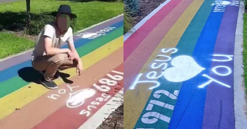 A rainbow walk with 'Jesus loves you' spray painted all over it