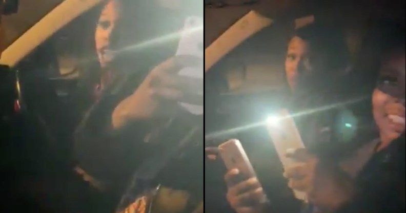 A pair of women hurled horrific homophobic insults at a gay couple simply because they were kissing. (Screen captures via Twitter)