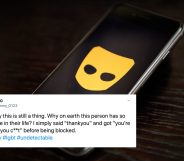 A man living with HIV shared screenshots of a Grindr conversation that, just for being open about his status, resulting in him being blocked. (Leon Neal/Getty Images/Twitter)