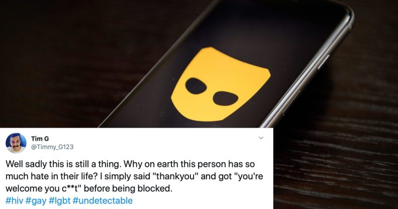 A man living with HIV shared screenshots of a Grindr conversation that, just for being open about his status, resulting in him being blocked. (Leon Neal/Getty Images/Twitter)