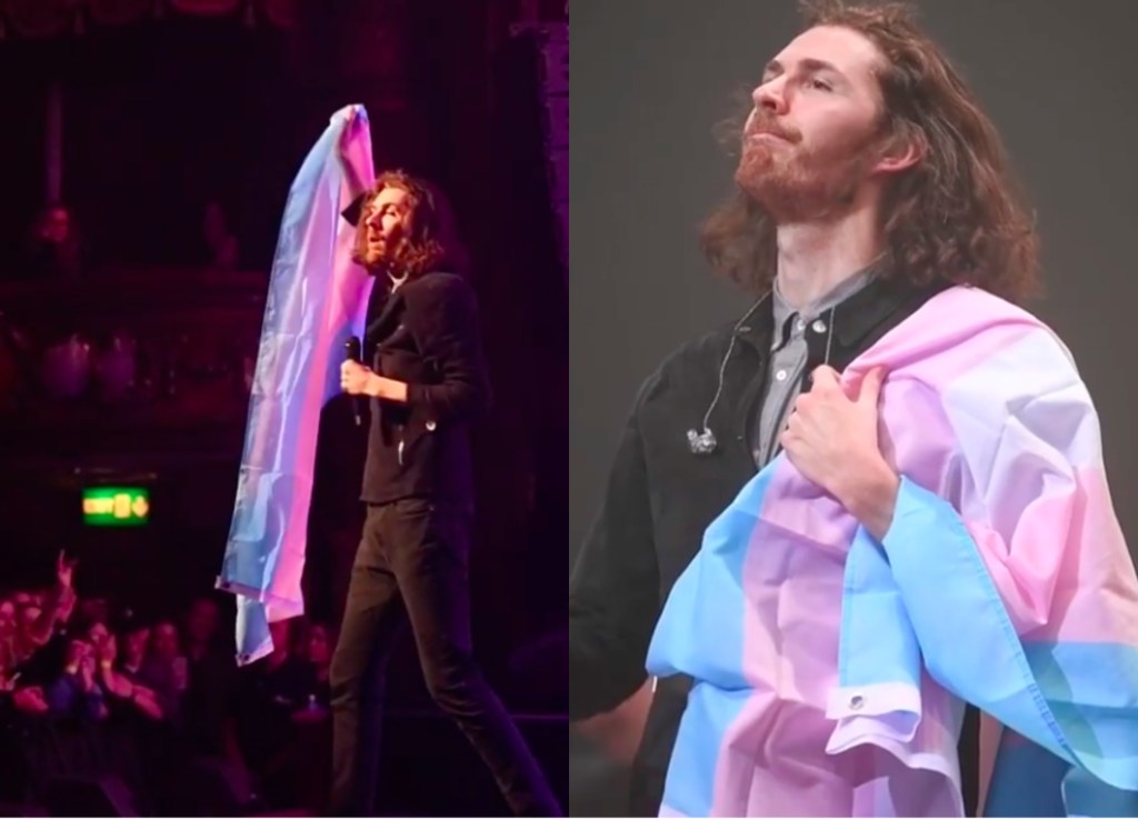 Irish singer Hozier hoisted a trans flag that a fan threw on stage at his gig. (Twitter)
