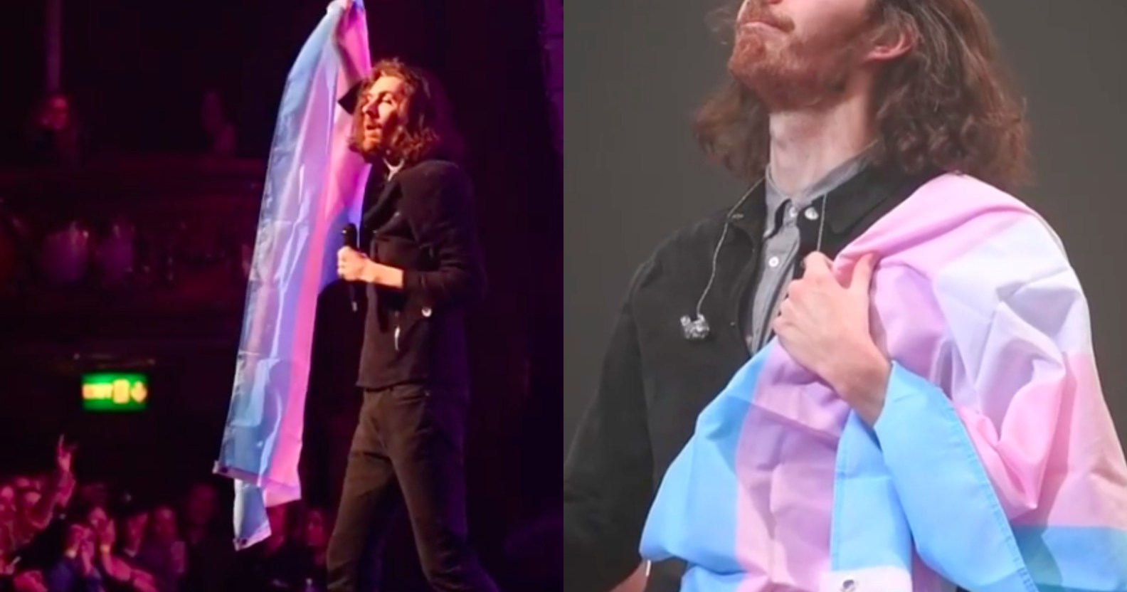 Irish singer Hozier hoisted a trans flag that a fan threw on stage and Twitter users are beside themselves. (Twitter)