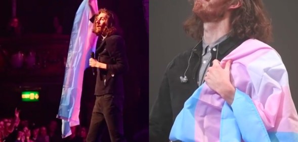 Irish singer Hozier hoisted a trans flag that a fan threw on stage at his gig. (Twitter)