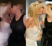 Cosmetic guru Kylie Jenner (centre-left) smooches Anastasia Karanikolaou in a recreation of the iconic pop queen peck in 2003. (Screen capture via Instagram / Getty Images)