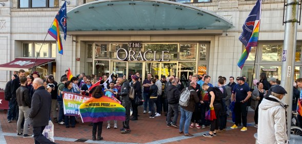 Dozens protested outside a shopping centre in Reading, the site of the UK's first Chick-fil-A store. (Martin Cooper)