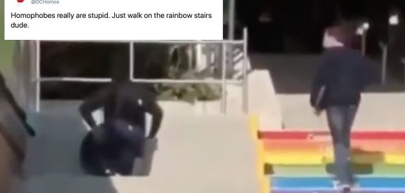 A viral video of a man opting to make his life more difficult instead of just walking up rainbow stairs has become a beautiful analogy. (Twitter)