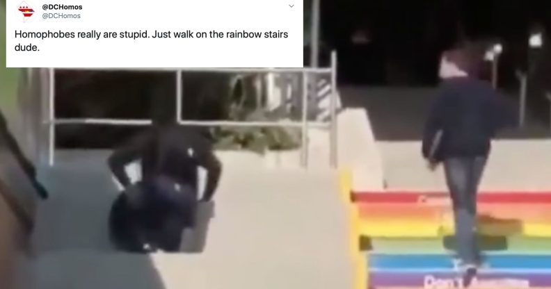 A viral video of a man opting to make his life more difficult instead of just walking up rainbow stairs has become a beautiful analogy. (Twitter)